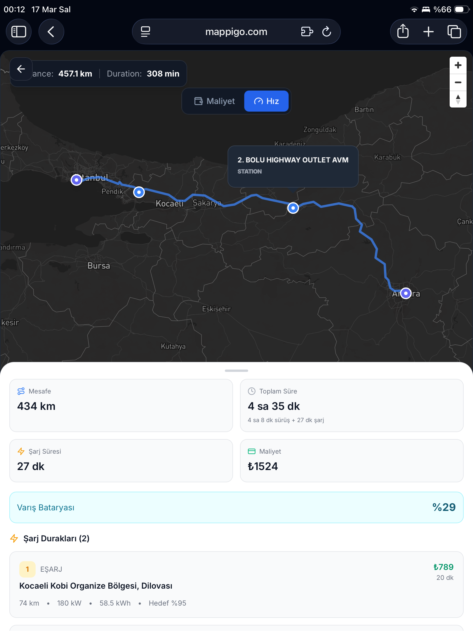 Mappigo Rota Planlama — İstanbul-Ankara arası şarj durakları ve maliyet hesaplama
